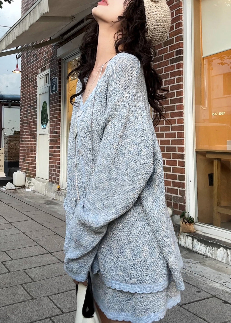 Unique Grey Oversized Patchwork Knit 2 Piece Outfit Spring