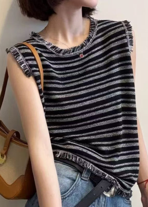 Unique Grey Tasseled Striped Cotton Tank Tops Sleeveless