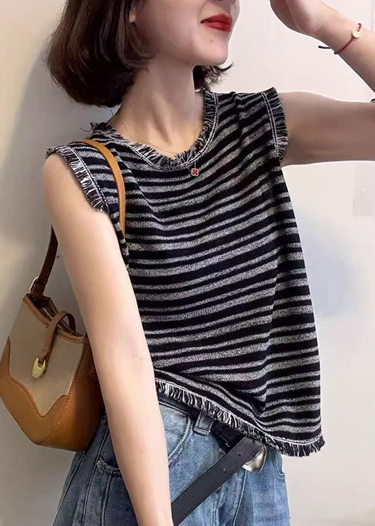 Unique Grey Tasseled Striped Cotton Tank Tops Sleeveless
