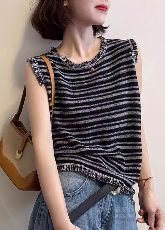 Unique Grey Tasseled Striped Cotton Tank Tops Sleeveless