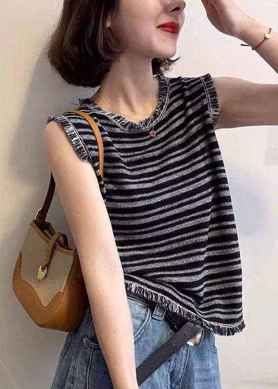 Unique Grey Tasseled Striped Cotton Tank Tops Sleeveless