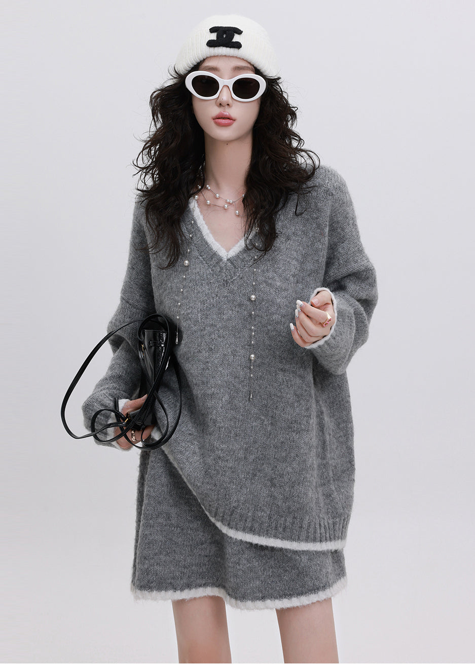 Unique Grey V Neck Patchwork Knit Two Pieces Set Winter