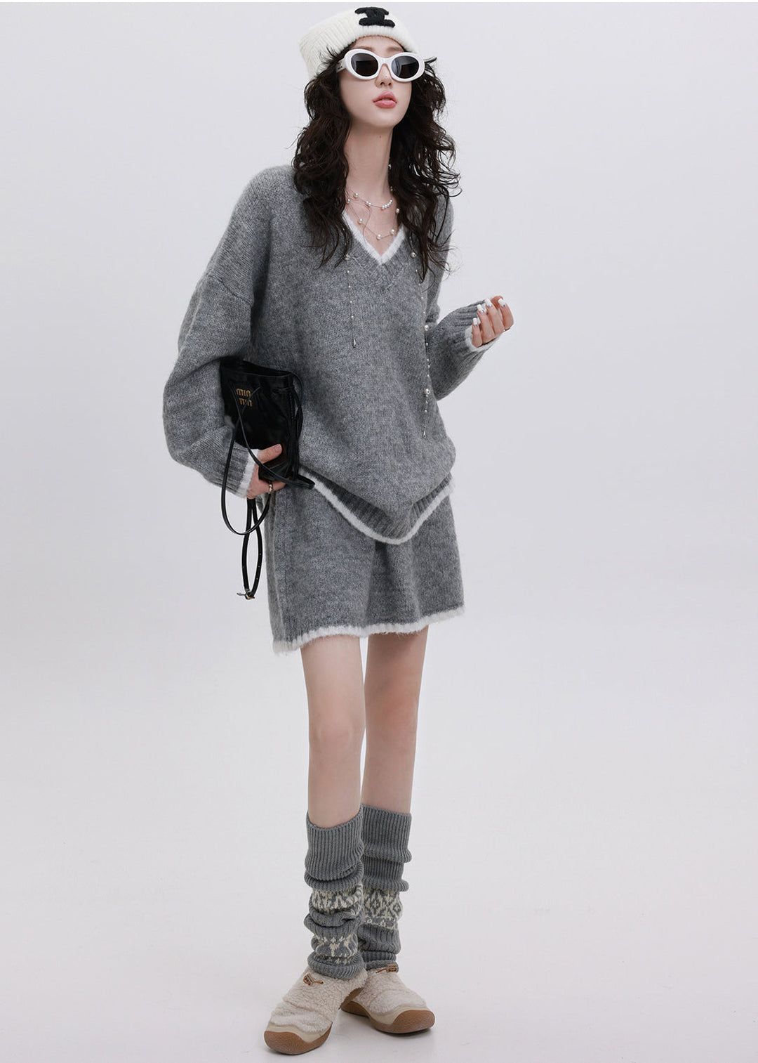 Unique Grey V Neck Patchwork Knit Two Pieces Set Winter