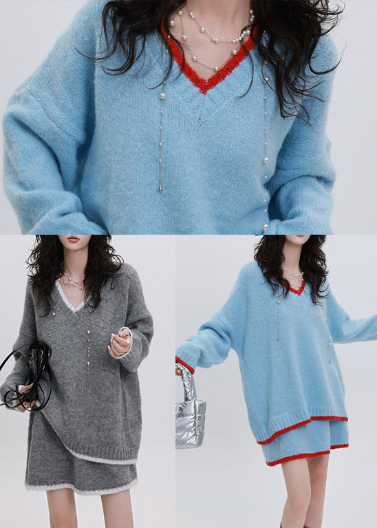 Unique Grey V Neck Patchwork Knit Two Pieces Set Winter