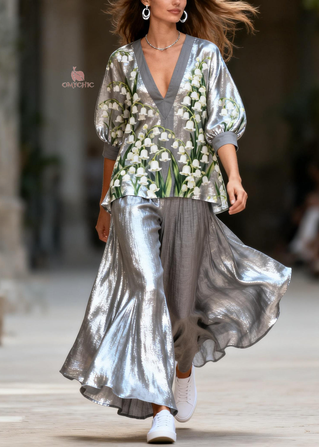 Unique Grey V Neck Print Patchwork Cotton Women Sets 2 Pieces Summer