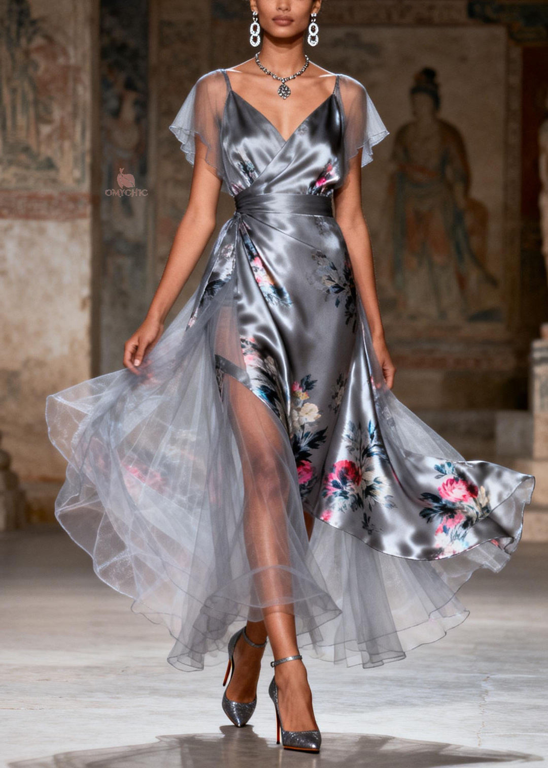 Unique Grey V Neck Print Patchwork Silk Dress Summer