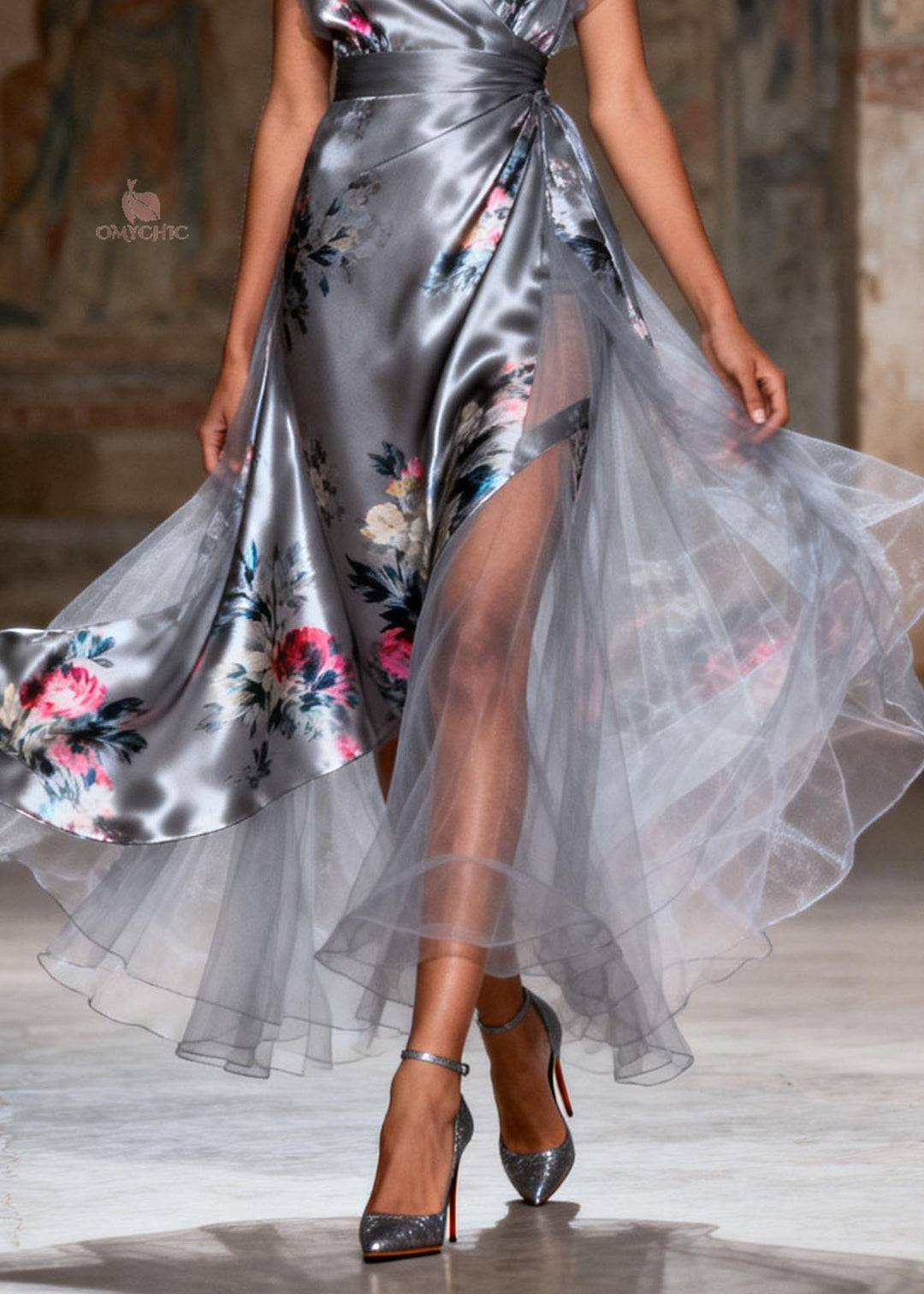 Unique Grey V Neck Print Patchwork Silk Dress Summer