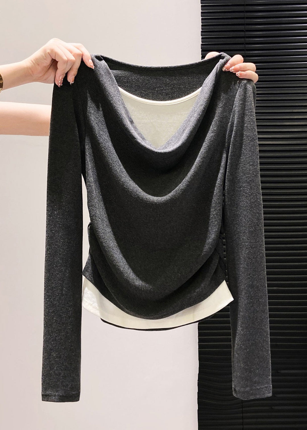 Unique Grey Wrinkled Patchwork Cotton Shirts Fall