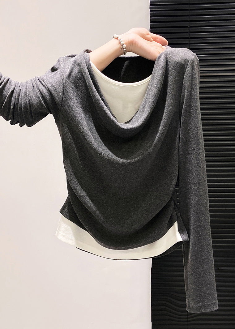 Unique Grey Wrinkled Patchwork Cotton Shirts Fall