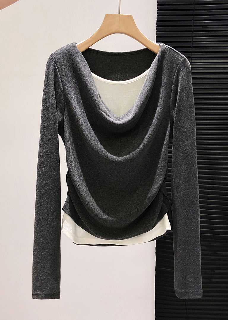 Unique Grey Wrinkled Patchwork Cotton Shirts Fall