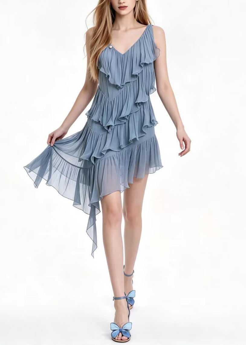 Unique Haze Blue V Neck Ruffled Asymmetrical Dress Sleeveless