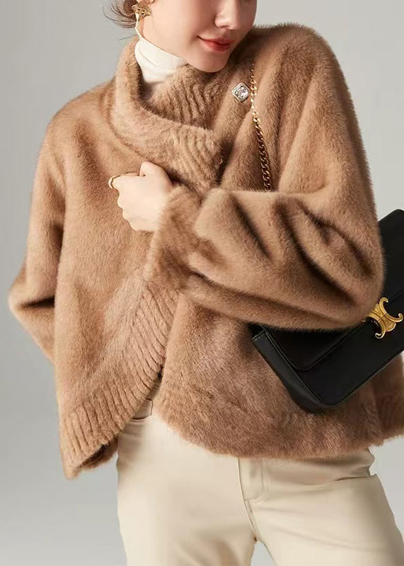 Unique Khaki Asymmetrical Warm Faux Mink Velvet Short Coat Winter