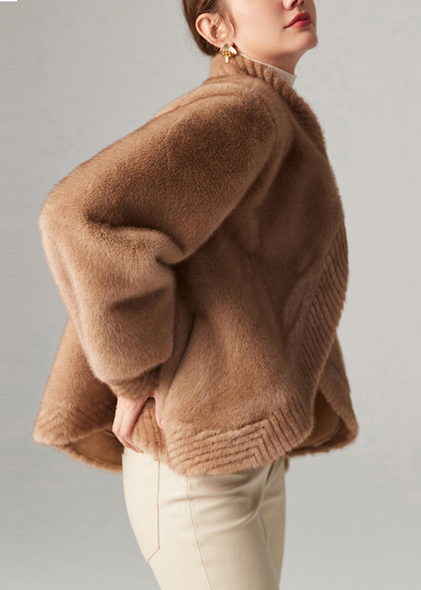 Unique Khaki Asymmetrical Warm Faux Mink Velvet Short Coat Winter