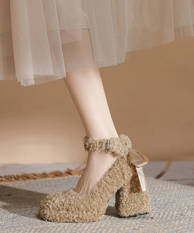 Unique Khaki Bow Splicing Chunky High Heels Faux Fur