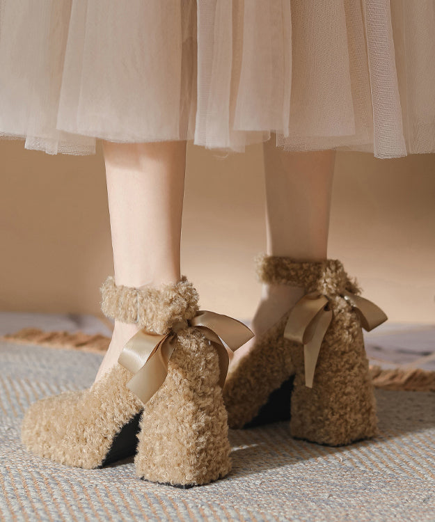 Unique Khaki Bow Splicing Chunky High Heels Faux Fur