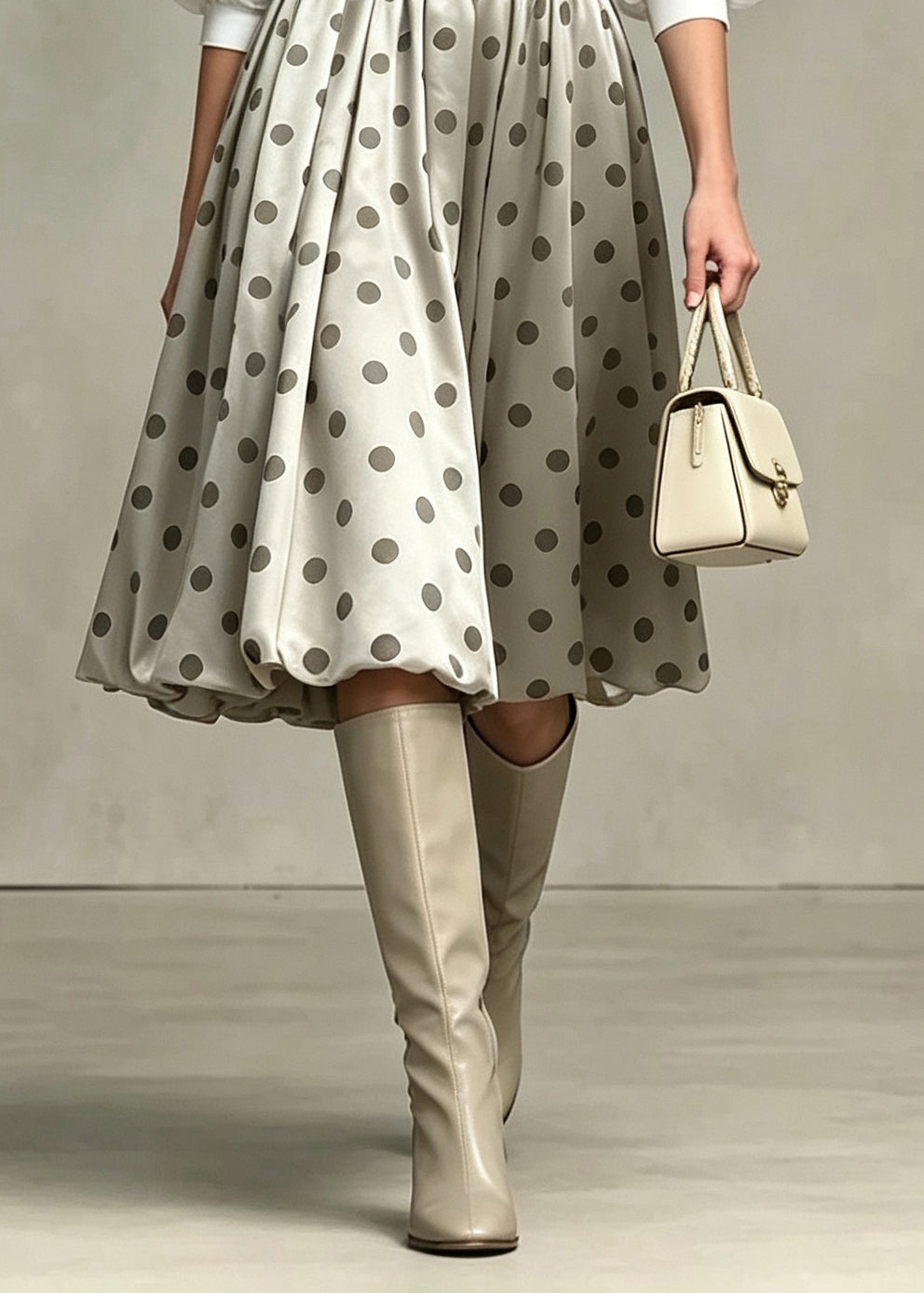 Unique Khaki Dot Elastic Waist Patchwork Cotton Skirts Fall