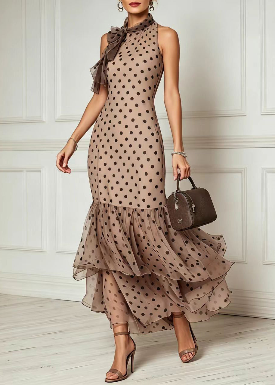 Unique Khaki Dot Lace Up Patchwork Tulle Long Dresses Summer