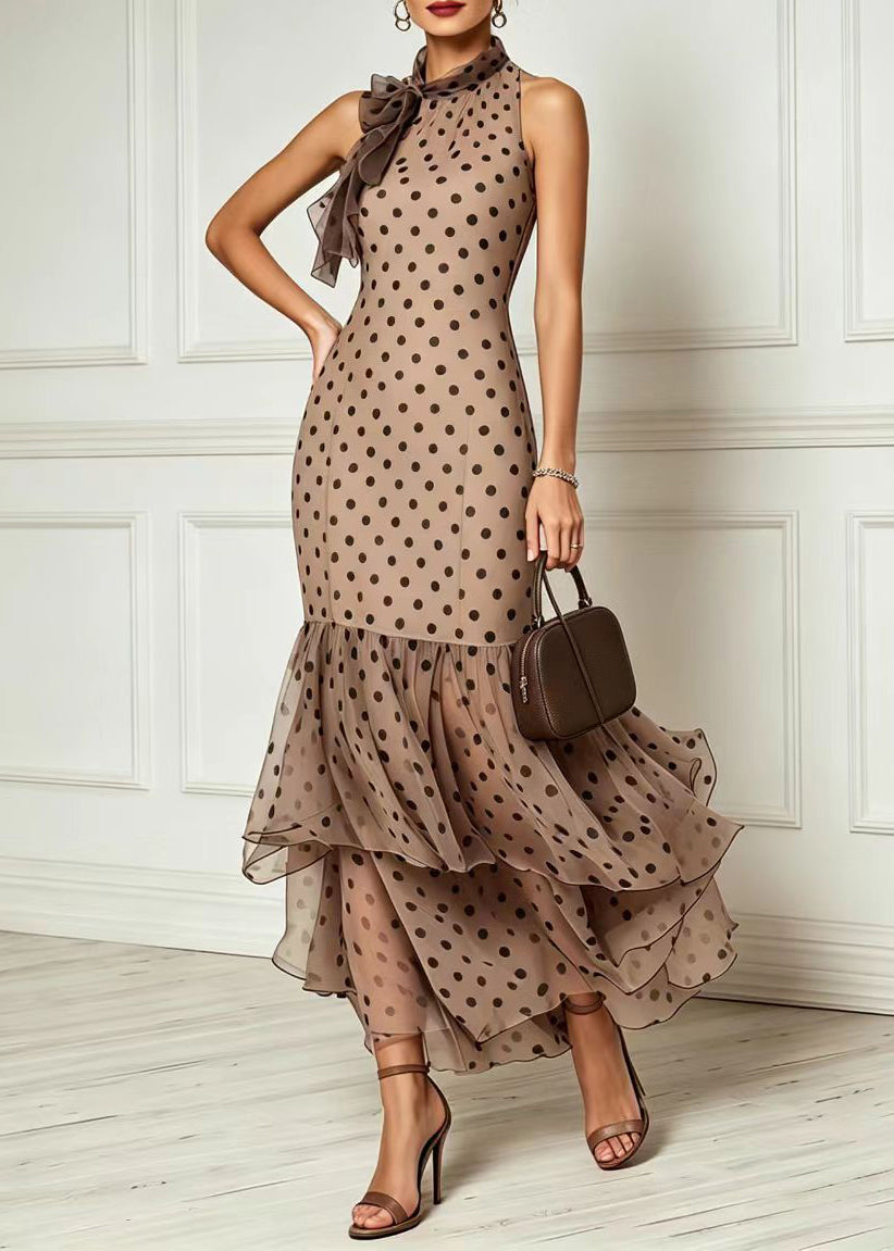 Unique Khaki Dot Lace Up Patchwork Tulle Long Dresses Summer