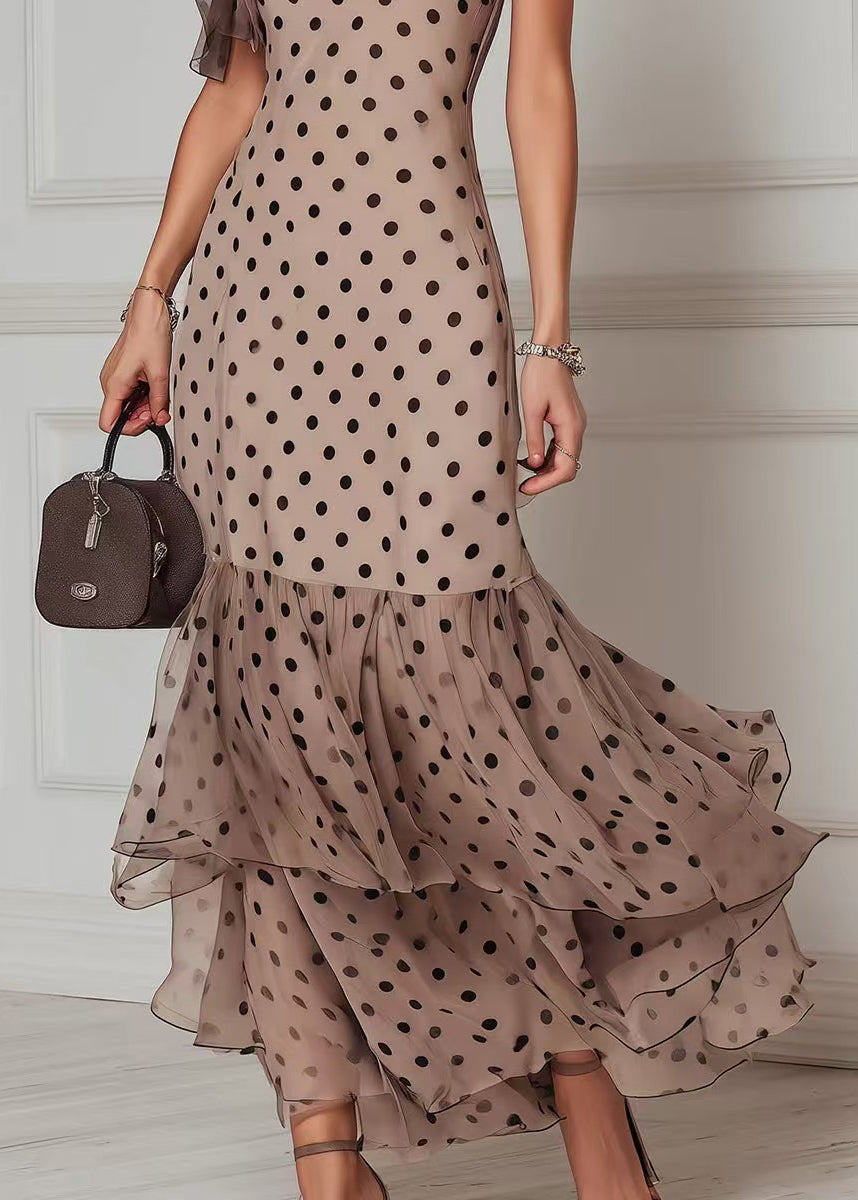 Unique Khaki Dot Lace Up Patchwork Tulle Long Dresses Summer