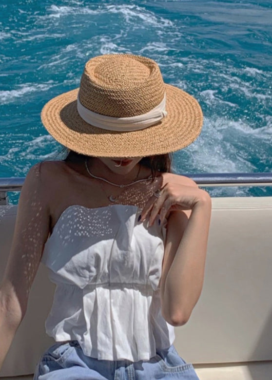 Unique Khaki Patchwork Straw Woven Floppy Sun Hat