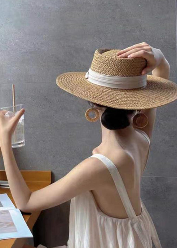 Unique Khaki Patchwork Straw Woven Floppy Sun Hat