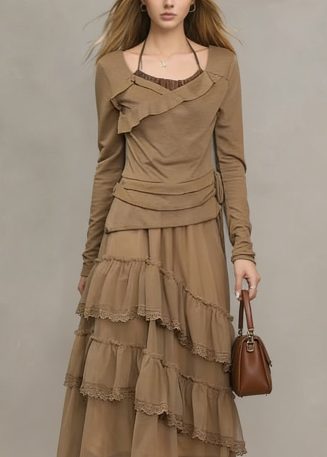 Unique Khaki Ruffled Lace Patchwork Tulle Dresses Spring