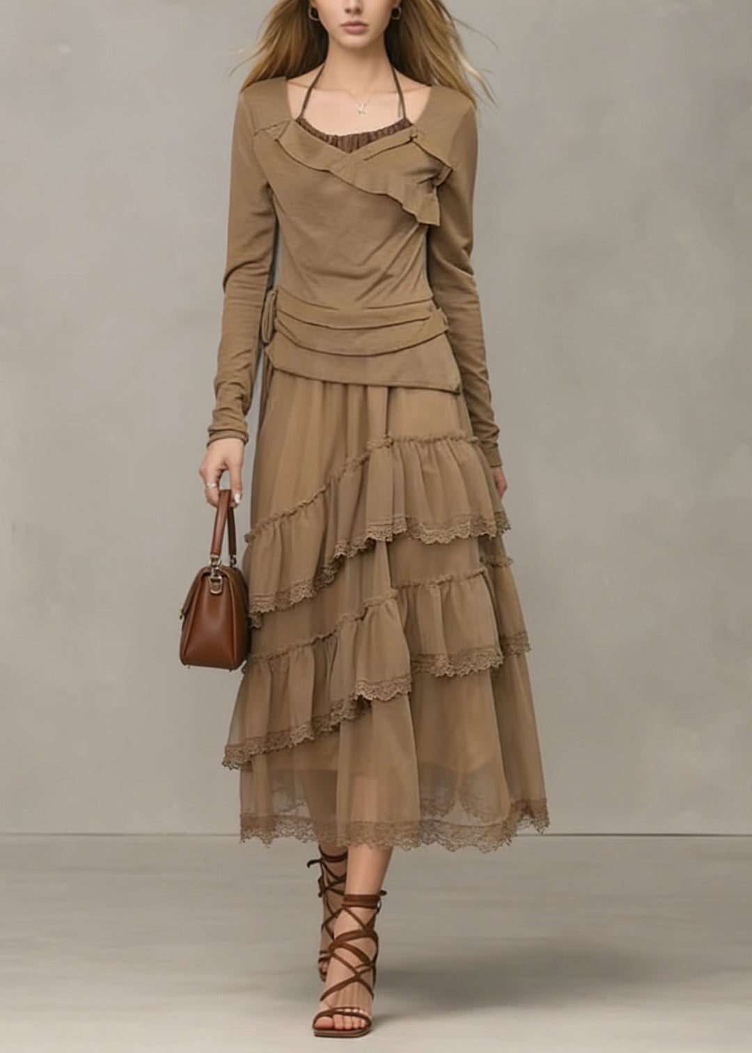 Unique Khaki Ruffled Lace Patchwork Tulle Dresses Spring