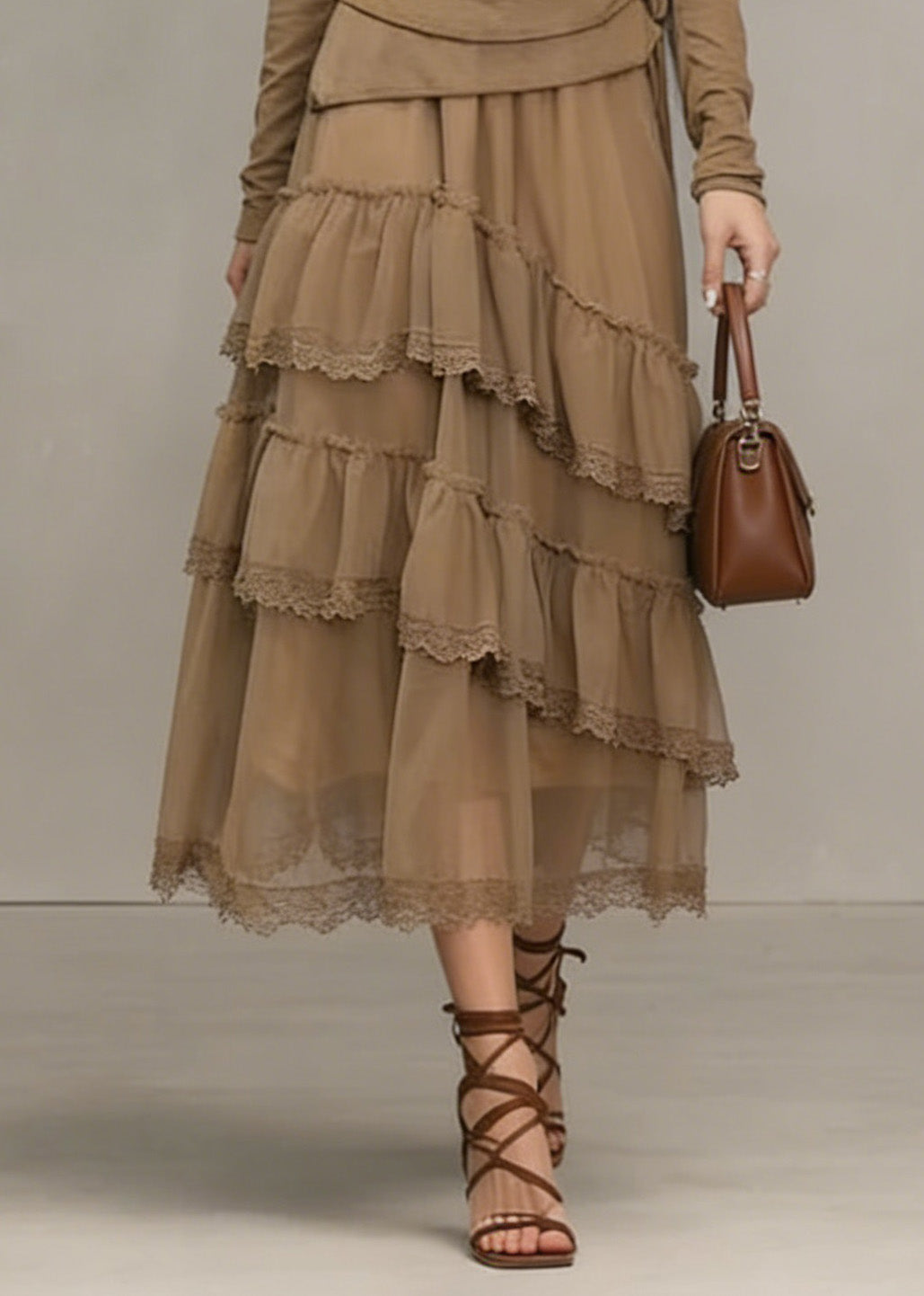 Unique Khaki Ruffled Lace Patchwork Tulle Dresses Spring