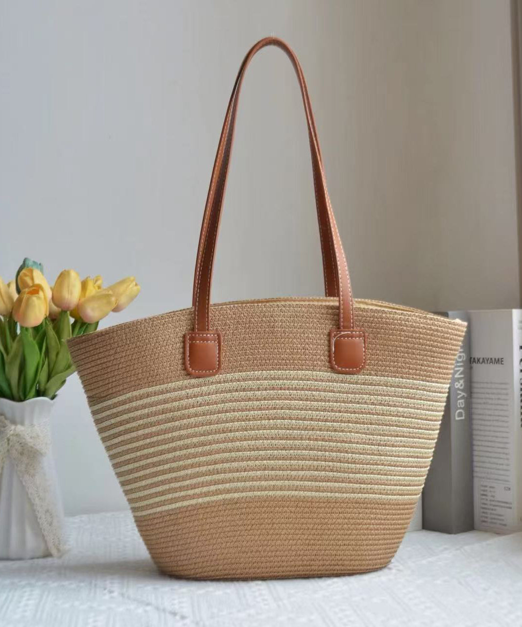 Unique Khaki Striped Large Capacity Straw Woven Shoulder Bags