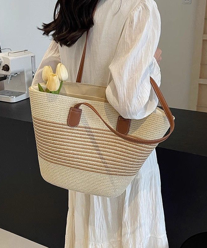 Unique Khaki Striped Large Capacity Straw Woven Shoulder Bags
