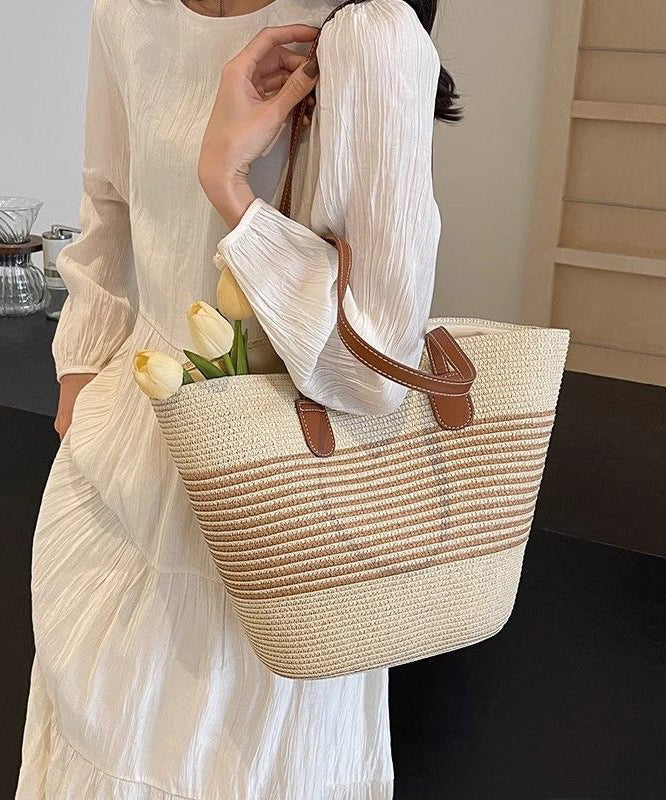 Unique Khaki Striped Large Capacity Straw Woven Shoulder Bags