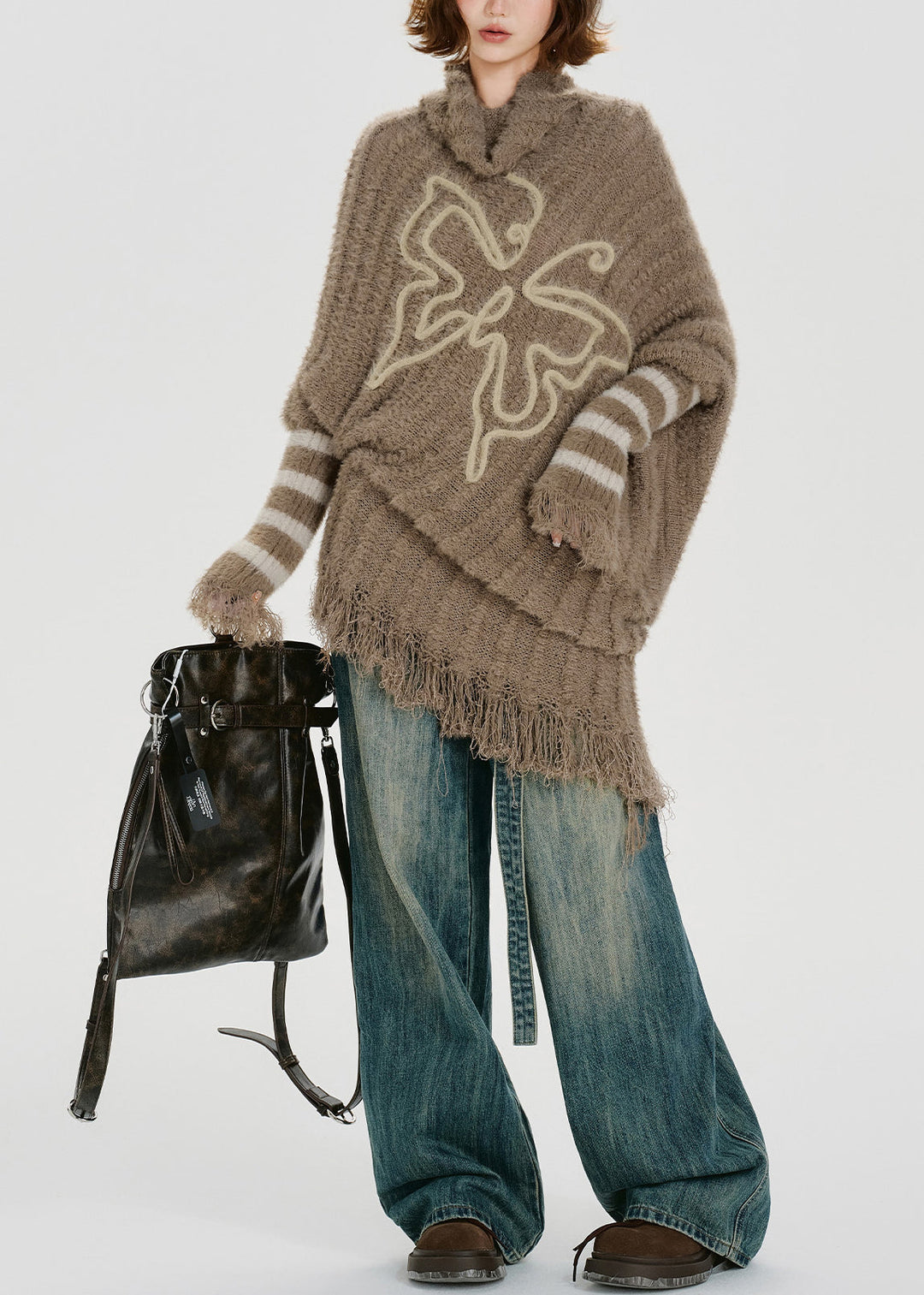 Unique Khaki Turtle Neck Tasseled Knitted Tops Batwing Sleeve