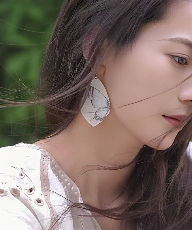 Unique Khaki Wooden Butterfly Drop Earrings