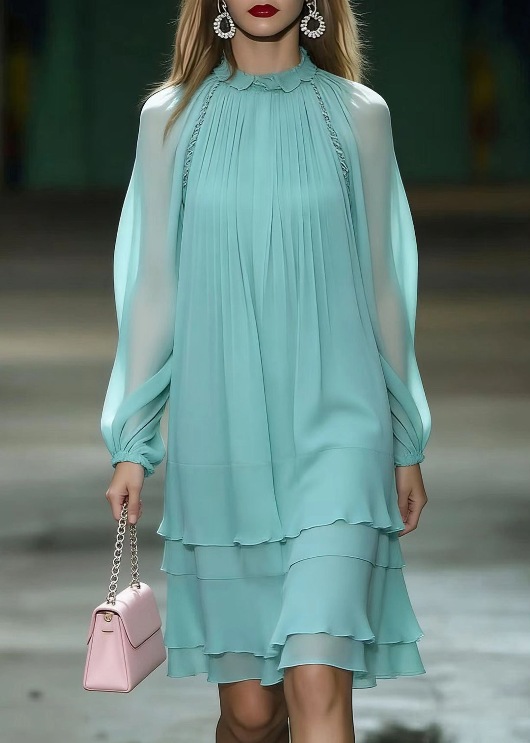 Unique Lake Blue Draping Layered Chiffon Day Dress Spring