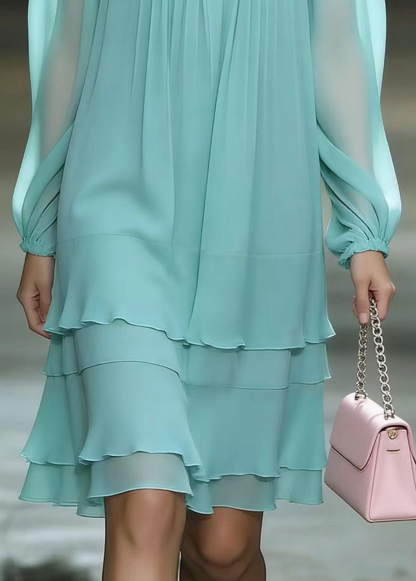 Unique Lake Blue Draping Layered Chiffon Day Dress Spring