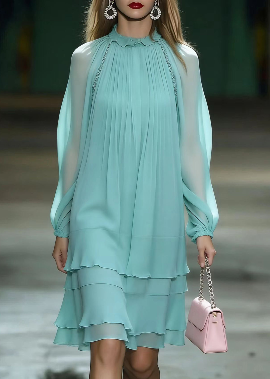 Unique Lake Blue Draping Layered Chiffon Day Dress Spring