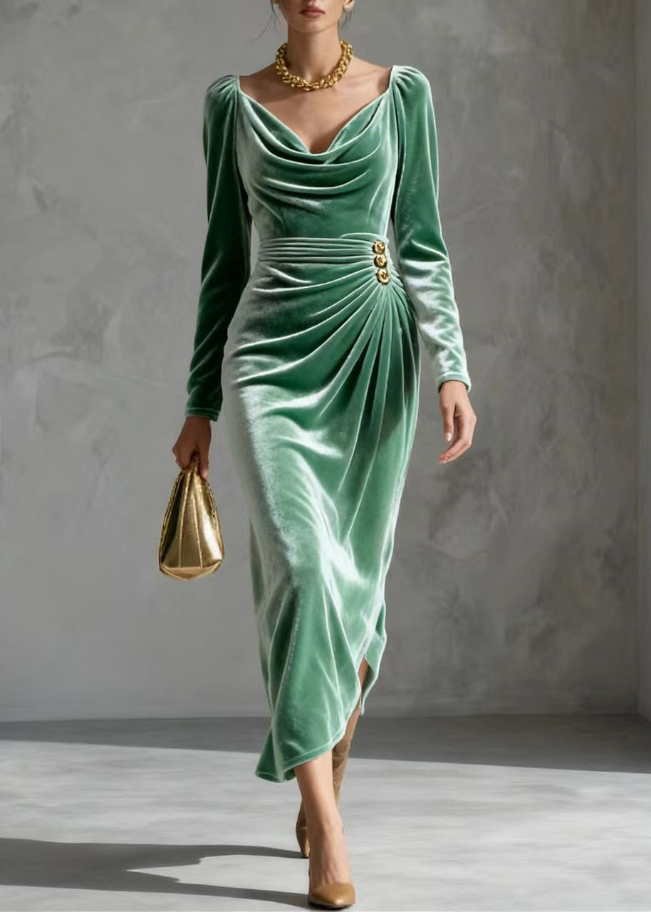 Unique Lake Green Wrinkled Silk Velvet Tea Dress Spring