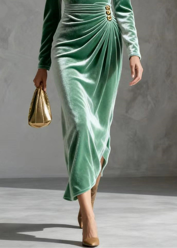 Unique Lake Green Wrinkled Silk Velvet Tea Dress Spring