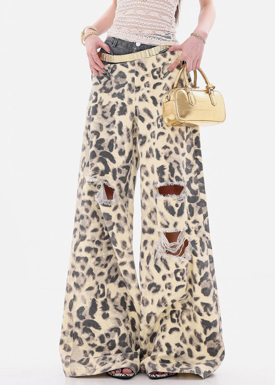 Unique Leopard Hole Patchwork Denim Wide Leg Pants Summer