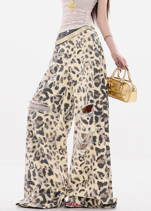 Unique Leopard Hole Patchwork Denim Wide Leg Pants Summer