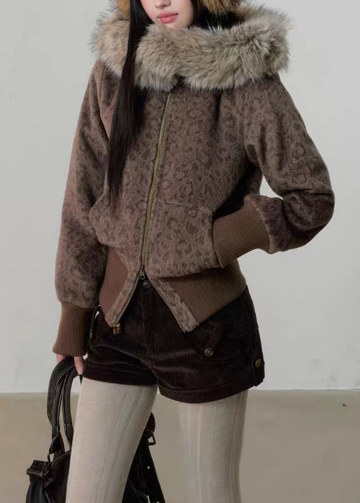 Unique Leopard Hooded Zippered Pockets Woolen Coats Winter