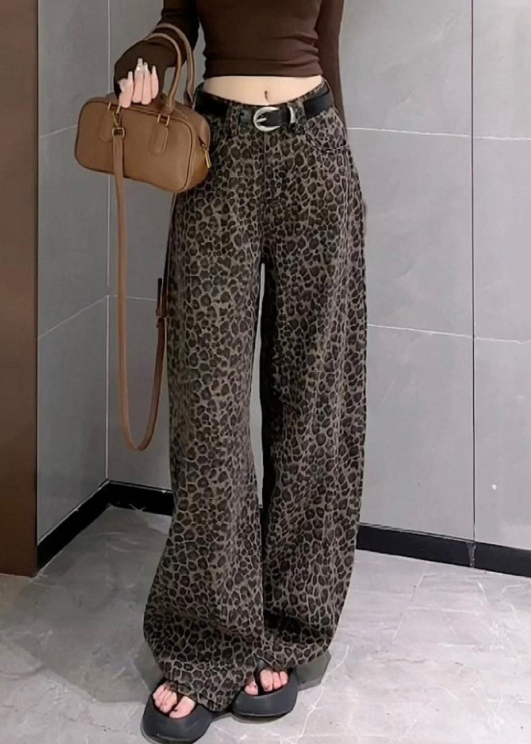 Unique Leopard Pockets High Waist Denim Wide Leg Pants Fall