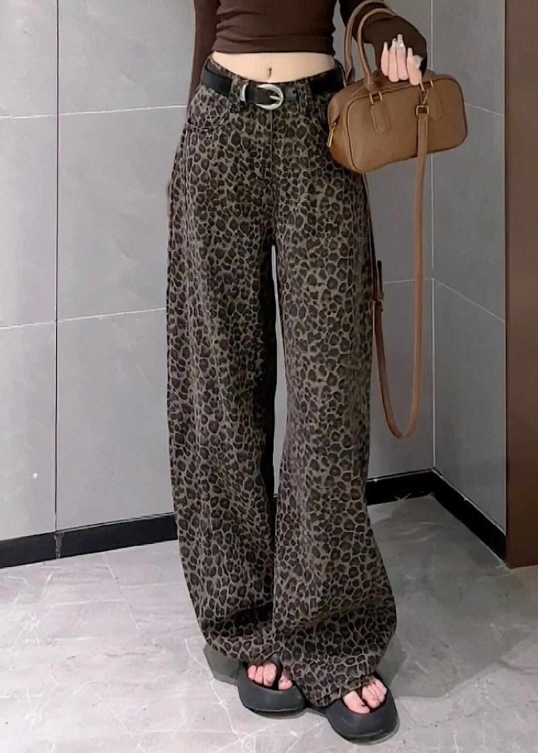 Unique Leopard Pockets High Waist Denim Wide Leg Pants Fall