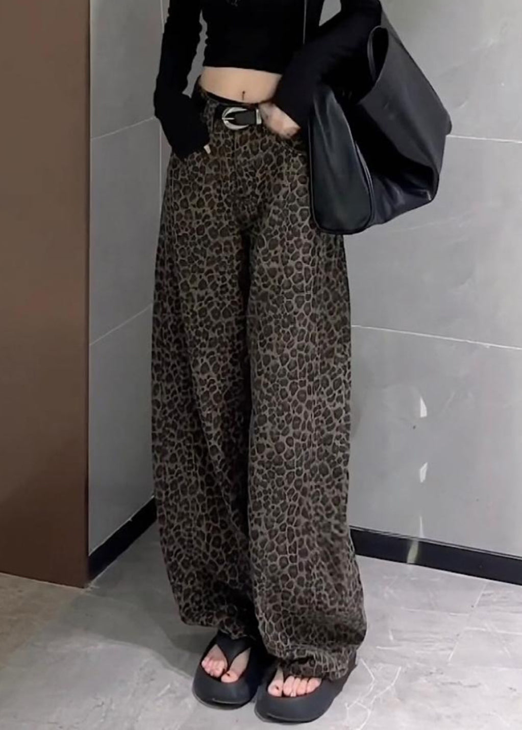 Unique Leopard Pockets High Waist Denim Wide Leg Pants Fall