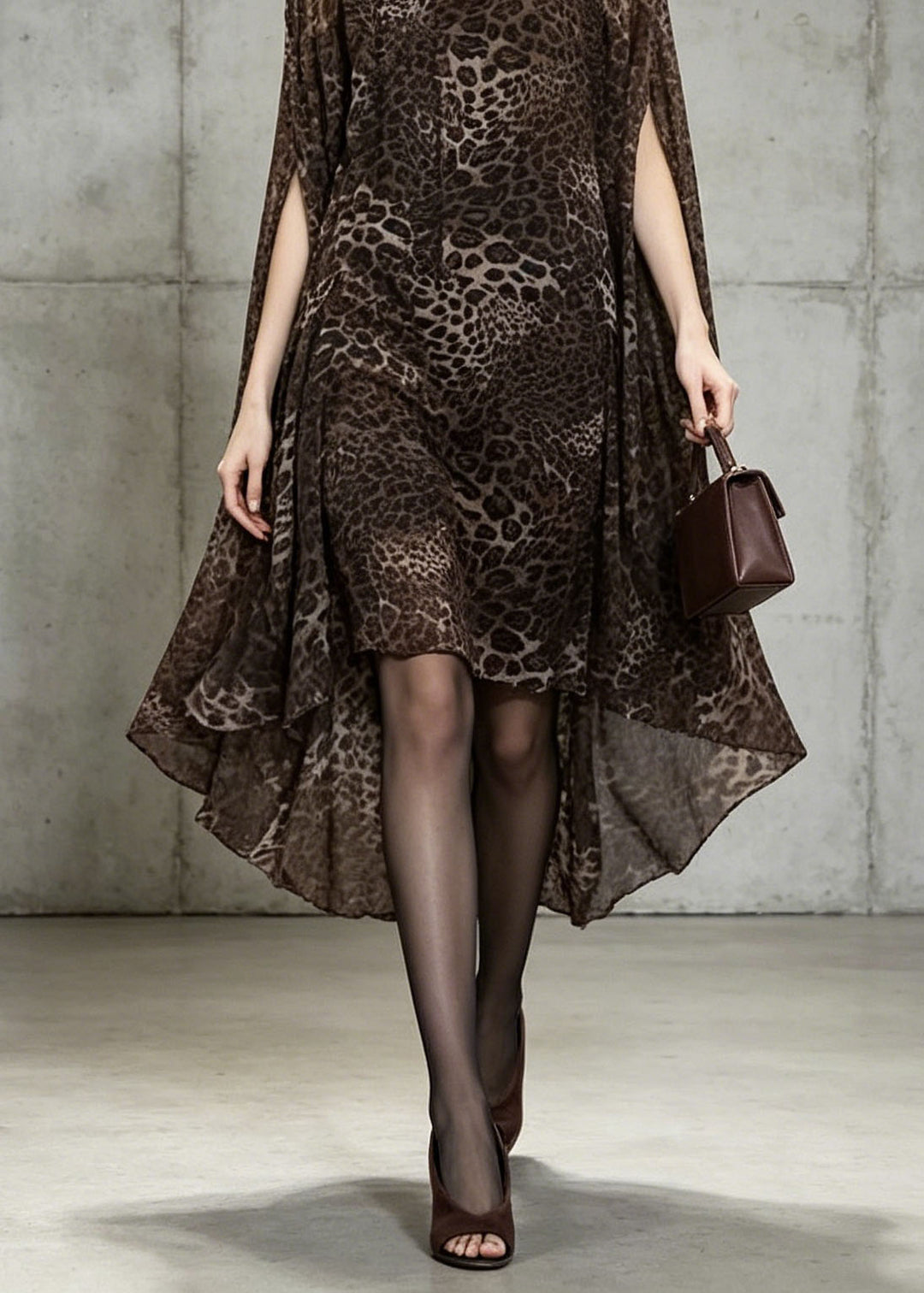 Unique Leopard Print Slash Neck Chiffon Dress Batwing Sleeve