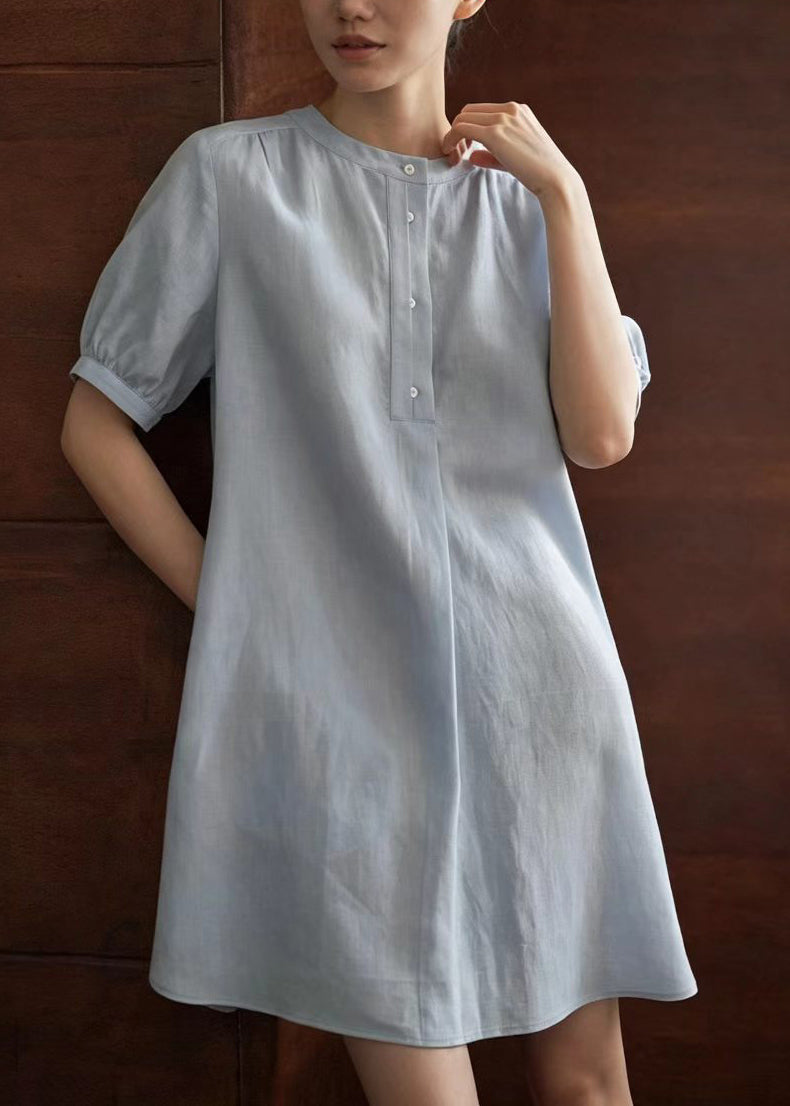 Unique Light Blue O-Neck Half Button Dresses Summer