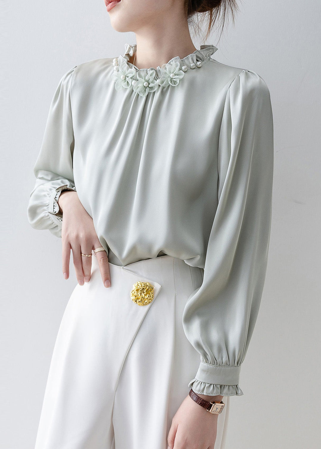 Unique Light Blue Ruffled Floral Chiffon Shirts Spring