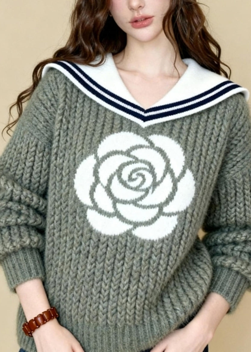 Unique Light Green Sailor Collar Rose Jacquard Knit Sweaters Winter
