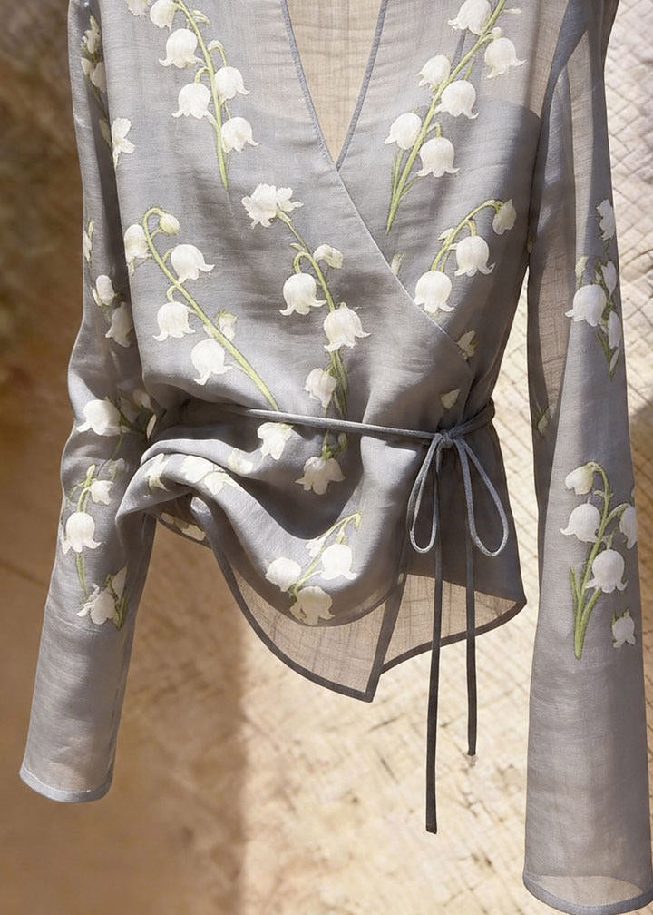 Unique Light Grey V Neck Print Tie Waist Top Fall