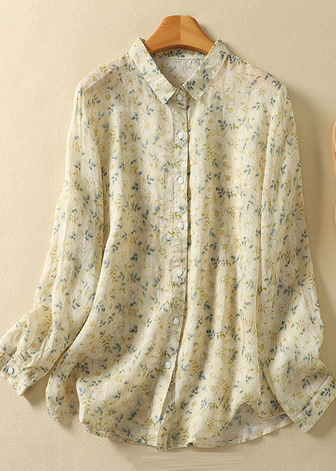 Unique Light Yellow Oversized Print Linen Shirt Tops Spring